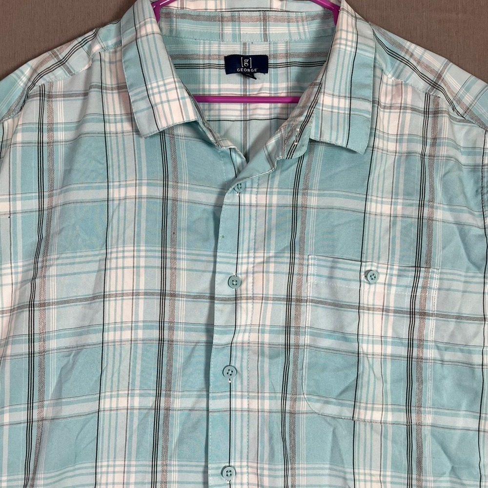 George Button Down Shirt 3XL Plaid Light Blue Short Sleeve Fair - Picture 7 of 13